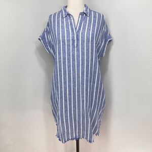Beach Lunch Lounge Chambray Blue Stripe Linen Cotton Dress Large Pockets Lined